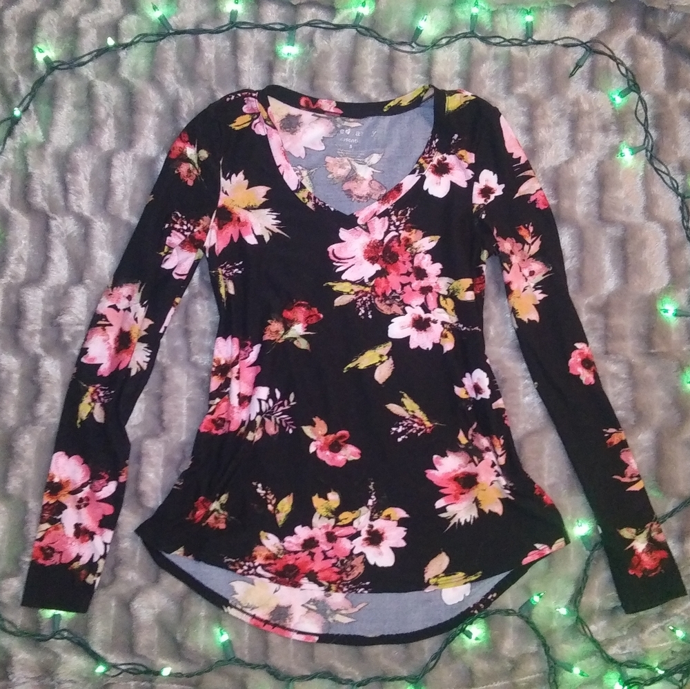 Eye Candy Black And Pink Floral Long Sleeve Top